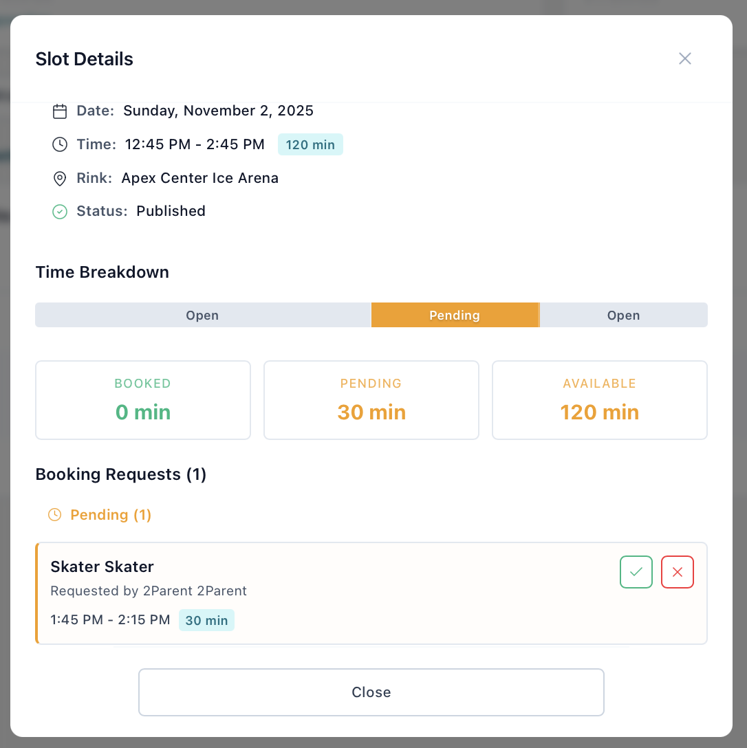 Coach slot details modal showing time breakdown with 0 min booked, 30 min pending, and 120 min available, plus the pending booking request with approve/decline actions