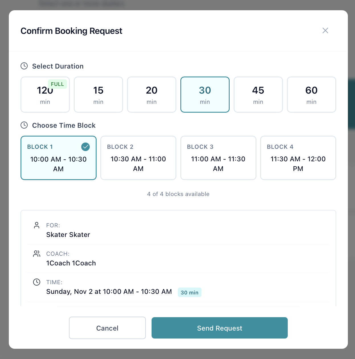 Booking modal showing duration selector (15, 20, 30, 45, 60 min) and time block chooser displaying 4 available 30-minute blocks within a 2-hour slot
