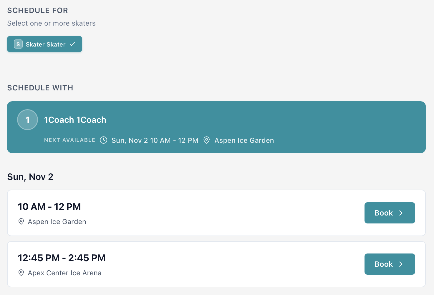 Parent booking view showing available slots with dates, times, rinks, and a booking request form with skater selection and optional message field
