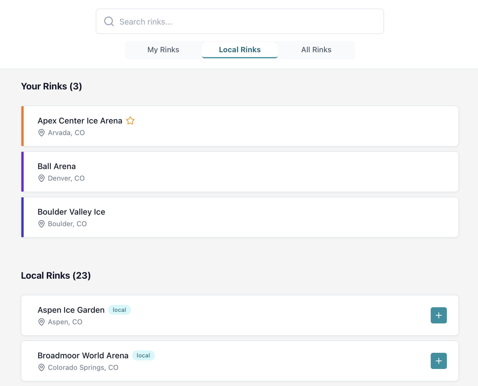 Rinks page showing Local Rinks view with available rinks to add, displaying local badges and add buttons.