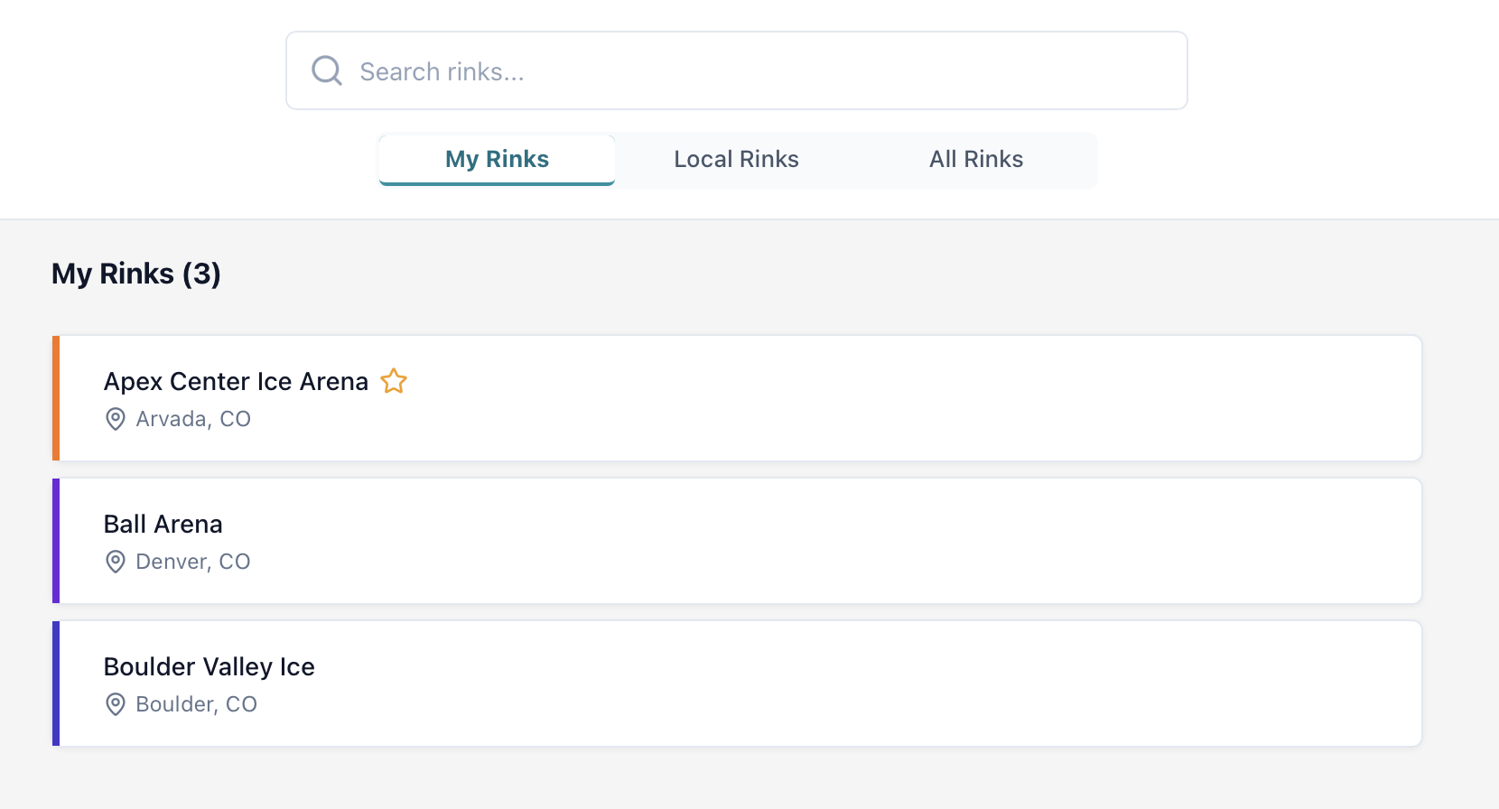 Rinks page showing My Rinks view with personalized rink cards featuring colored left borders, star icons for primary rink, and remove buttons.