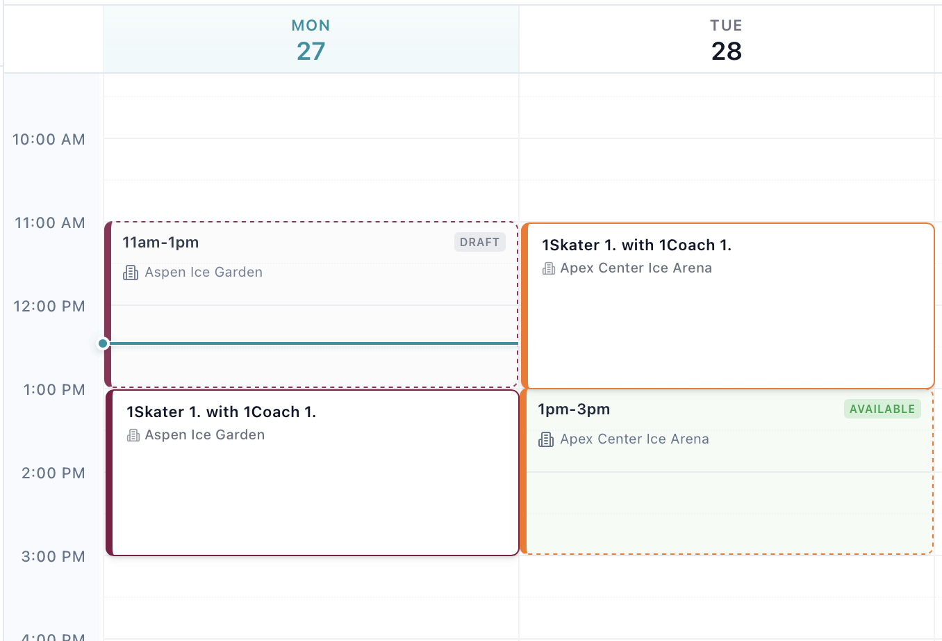 Unified calendar showing both coaching sessions (white cards) and availability slots (colored backgrounds) on the same timeline, with overlapping items displayed side-by-side